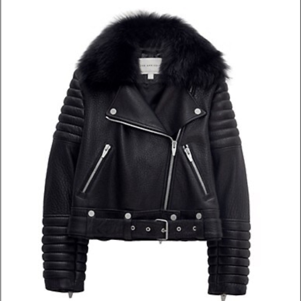 Arrivals Rainer III shearling trim leather black moto jacket